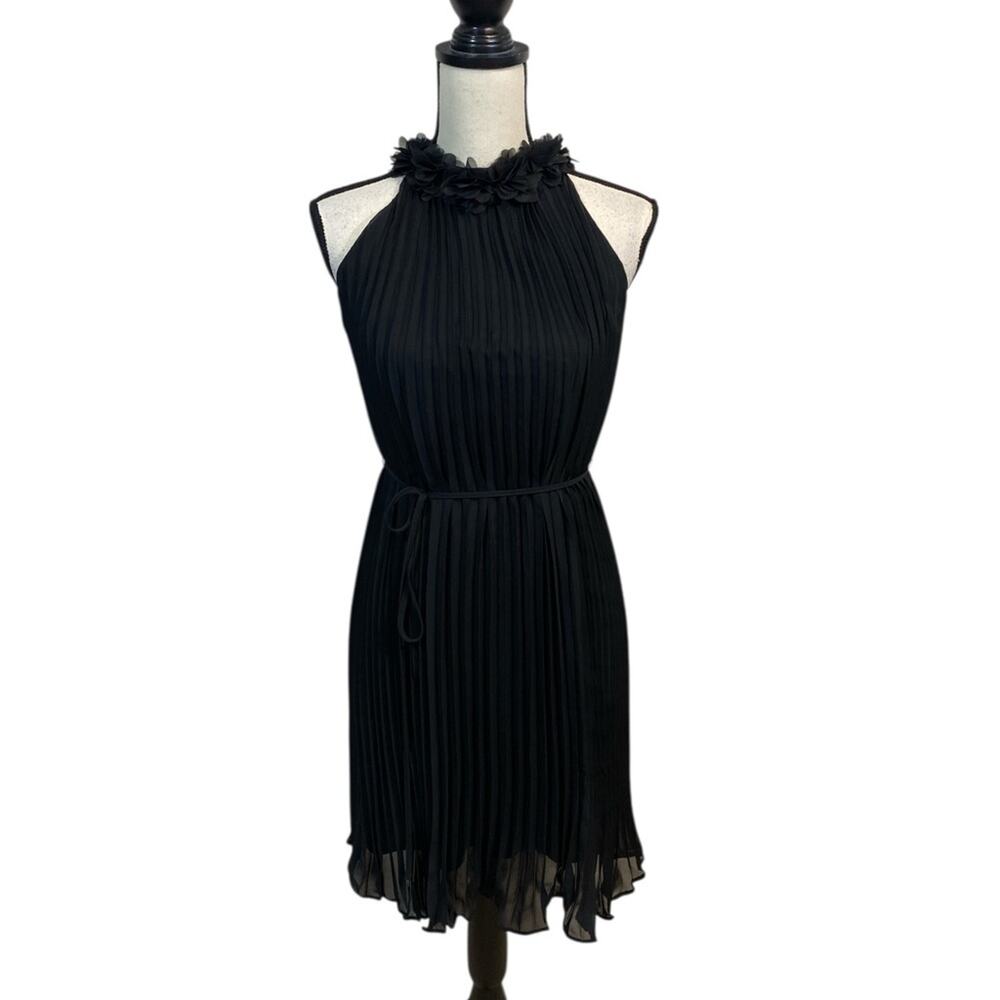 Nicole Miller Black Pleated Halter Dress with Flower Neckline XS